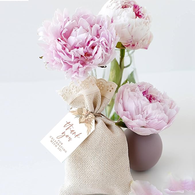 Andaz Press 100-Pack Thank You for Celebrating with Us Favor Tags Boho Dried Palm Leaves Cardstock Gift Tags with Bakers Twine for Wedding Baby Shower Bridal Shower Party Favors 2 x 3.75-Inches
