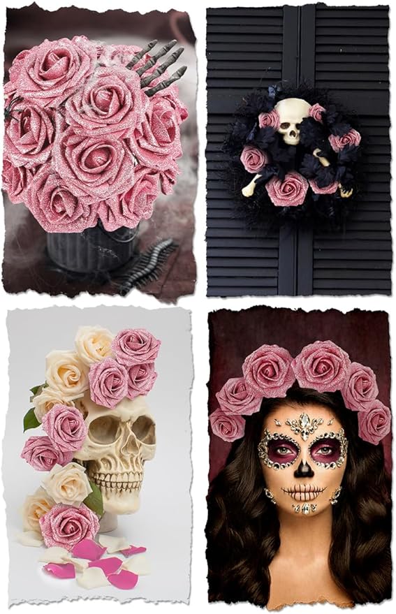 N&T NIETING Artificial Flowers Glowing Dark Pink Flowers Foam 25pcs Glitter Roses Real Looking Fake Roses with Stem for DIY Wedding Bouquets Centerpieces Bridal Shower Party Home Decorations