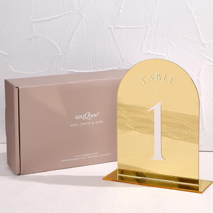 UNIQOOO 10 Pack Acrylic 5x7 Gold Mirror Arch Table Sign for Wedding with Holders, 1/8 in Thick, DIY Blank Arch Sign Sheet Perfect for Decoration, Party,Anniversary, Event, Stand Included