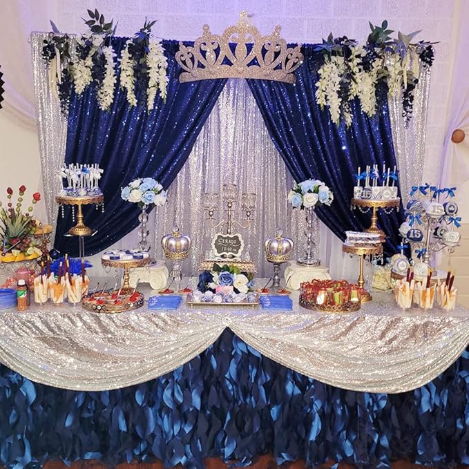 Poise3EHome 4Pcs 2Ft x 8Ft Blue Sequin Backdrop Curtains, Glitter Photography Backdrop, Sequence Xmas Thanksgiving Backdrop (Navy Blue, 4 pcs-2ftx8ft)