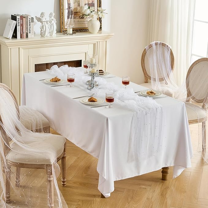 Fanami 1 Pack Pearl Table Runner -10FT Ivory White Boho Tulle Table Runners 120 Inches Long Rustic Sheer Lace Fabric Centerpieces for Wedding Arch Birthday Party Bridal Veil Baby Shower Decorations