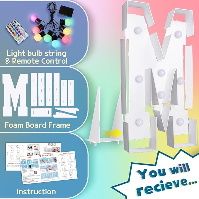 imprsv 3FT Colorful Marquee Light Up Letters M, 18 Colors Large Light up Letters Alphabet Sign with Remote, Big Marry Me Sign, Birthday Party Decorations Baby Shower Anniversary Wedding Decoration