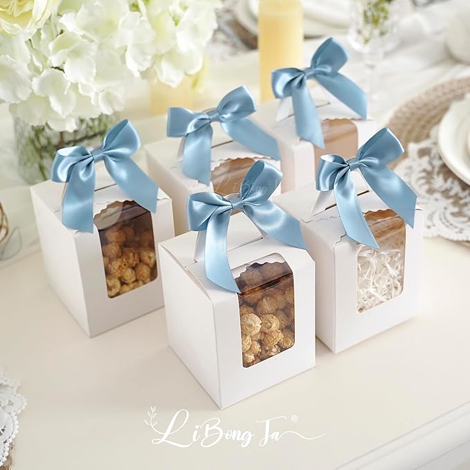 3.5" Dusty Blue Bow Satin Pre-Tied Bows for Gift Wrapping, Small Bows for Crafts, Premade Bows, Candy Apple Bows, Twist Tie Bows for Cake Decorating, Party Favor, Wedding Decoration-36 Counts