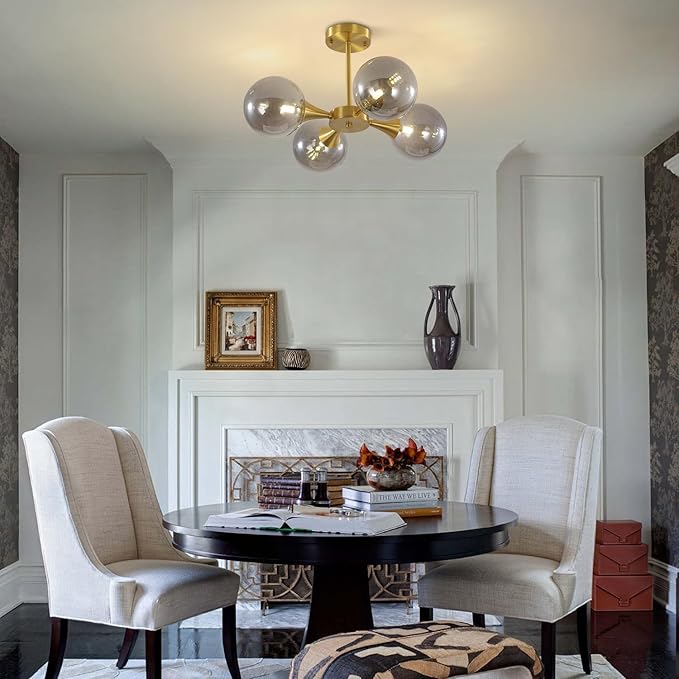 KCO Lighting 4-Lights Modern Gold Globe Semi Flush Mount Ceiling Light Mid Century Brushed Brass Schoolhouse Close to Ceiling Light Smoke Gray Glass Chandelier Lighting for Bedroom