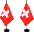 Switzerland Desk Flag 12" Solid Pole Deluxe Set Swiss Flags Banner Mini Small Switzerland Office Table Flags with Black Stand Base Desktop Decorations(2Pack)