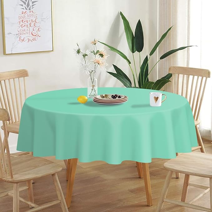 QIKSION Fresh Mint Round Tablecloth 12 Pack, 84 Inch Plastic Table Cover Disposable for Parties