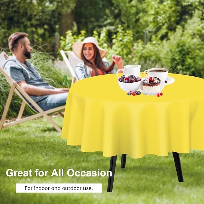 QIKSION Yellow Round Tablecloth 12 Pack, 84 Inch Plastic Table Cover Disposable for Parties
