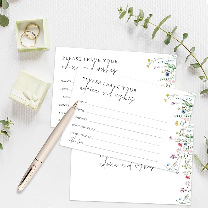 Wildflower Advice And Wishes Cards For The Mr And Mrs, Blank Well Wishes For Baby Shower, Bridal Shower And Graduation Party, Wedding Advice Cards 4x6, Pack of 25 -G15