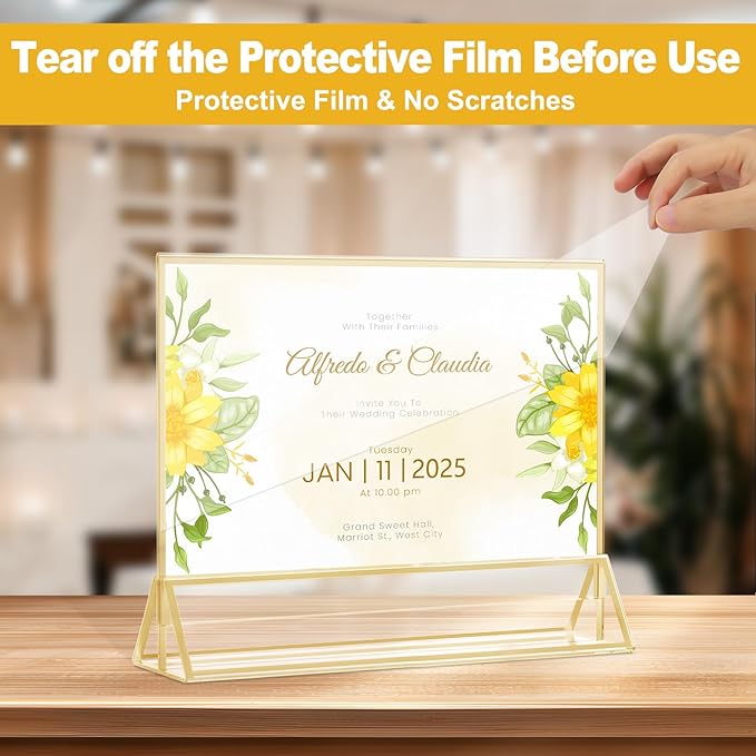 EHWINE 4 Pack Acrylic Sign Holder 8.5 x 11 Horizontal, Double-Sided Stand up Table Top Sign Holders, Gold Acrylic Picture Frame Menu Flyer Paper Holder Display Stand for Office Business Store Wedding Party