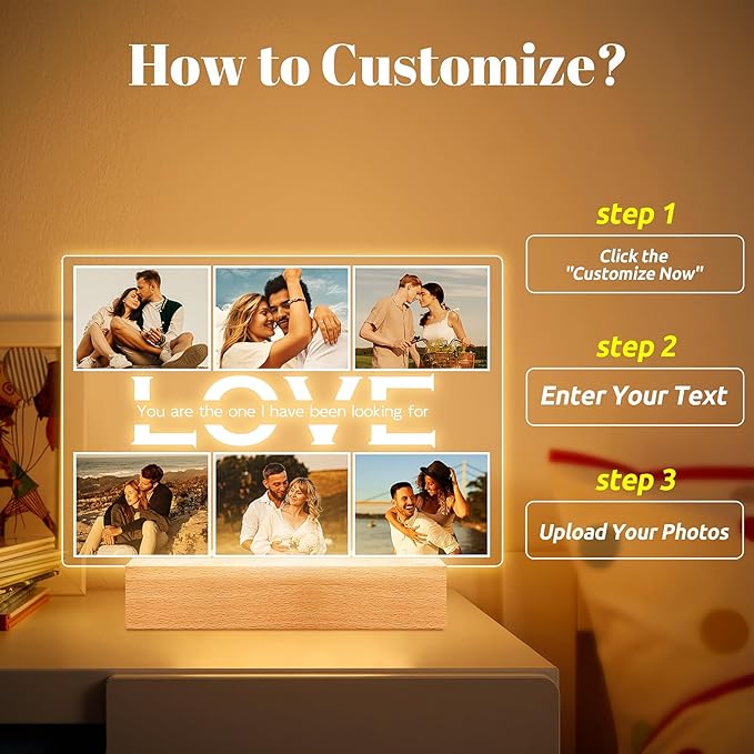 Personalized Anniversary Couples Gifts for Women Men Girlfriend Boyfriend, Custom Picture Frames with Photo, Personalized Photo Frame with Night Light, Customized Gifts for Her Him Wife Husband