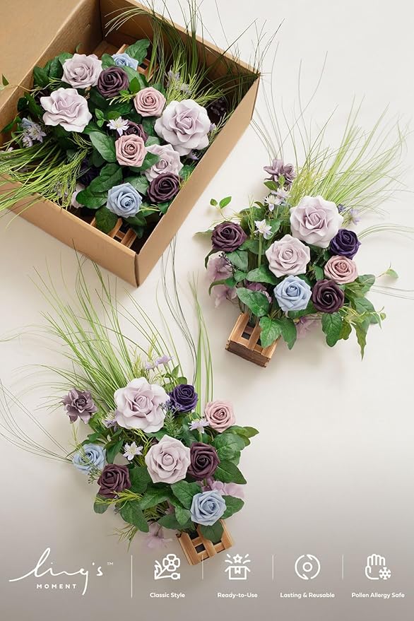 Ling's moment 17.5" Tall Standing Artificial Flowers Arrangements 4 pcs Wedding Aisle Runner Chair Decorations Provence Blue & Purple Centerpieces for Ceremony Reception Rose Floral Party Outdoor