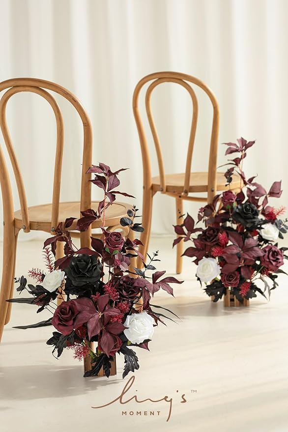 Ling's Moment 17.5" Tall Free Standing Artificial Flowers Arrangements 4 pcs Wedding Aisle Runner Chair Decorations Black Burgundy for Ceremony Reception Rose Floral Party Outdoor Centerpieces