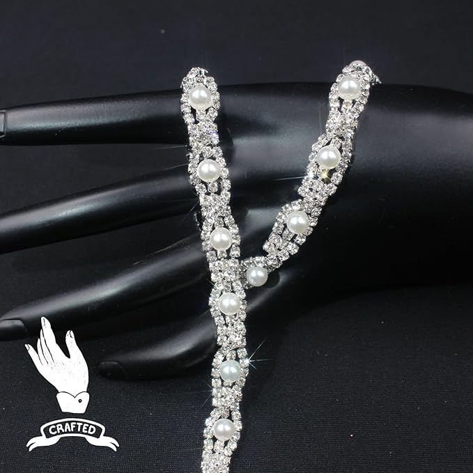 PEARLY JUN 1 Yard Pearl Rhinestone Trim Chain Silver Crystal Fringe Diamond Applique Ribbon String Tassel Strip for Sewing Wedding Dress Crafting Crafts Flower Embellishments