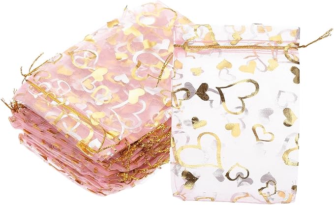 PATIKIL 100 Pcs 4x6 Inch Heart Printed Organza Bags, Pink Sheer Heart Organza Bags with Drawstring for Christmas Candy Jewelry Party Wedding Favor Gift