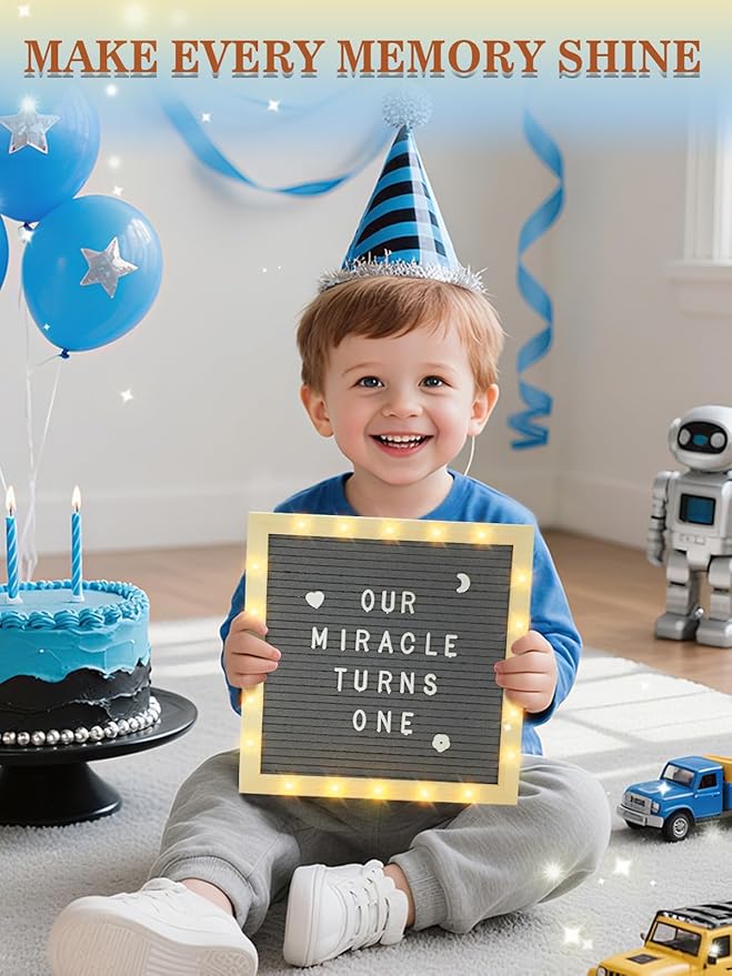 Light up Changeable Felt Letter Board Sign with LED Lights - 10×10" Message Board & Wood Stand & 450 Letters, for Halloween/Birthday/Event/Pregnancy/Baby Announcement/Home Wall Decor Gifts, Grey