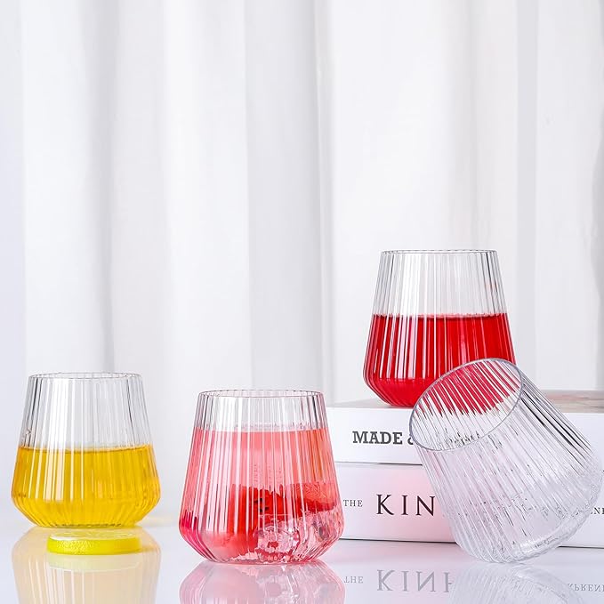 Suclain 60 Pcs Plastic Wine Glasses Ribbed Stemless Wine Glasses 14oz Vertical Design Unbreakable Cups for Outdoor Indoor Vintage Elegant Champagne Whiskey Glasses for Christmas Party Wedding (Clear)