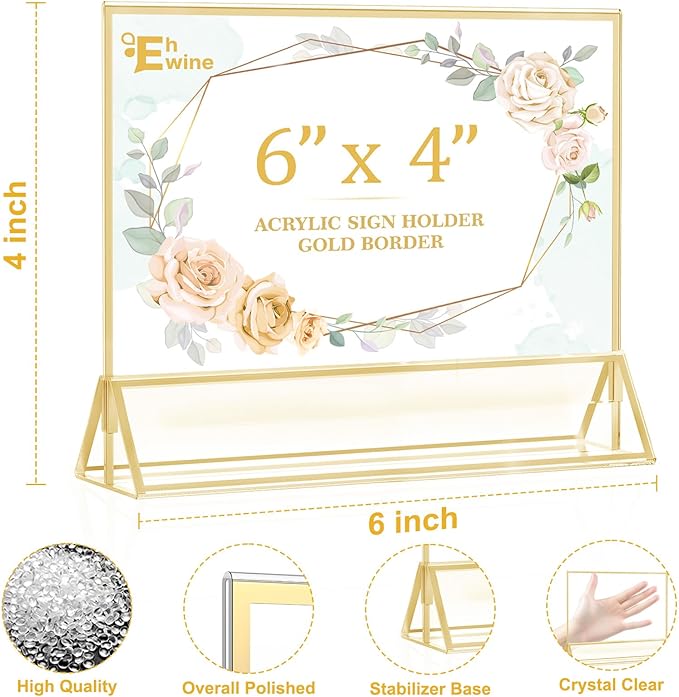 EHWINE 6 Pack Acrylic Sign Holder 4 x 6 Horizontal, Double-Sided Stand up Table Top Sign Holders, Gold Acrylic Picture Frame Menu Flyer Paper Holder Display Stand for Office Business Store Wedding Party