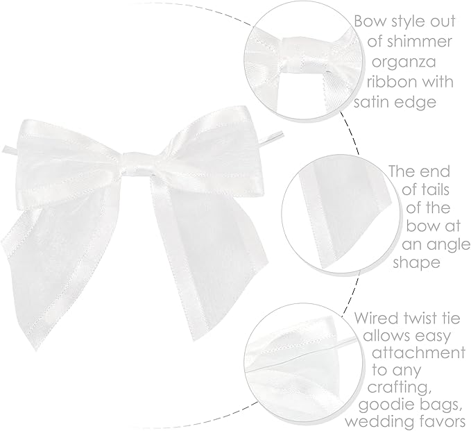 AIMUDI White Bows for Wedding Decor 4" Premade White Christmas Tree Bows Pre Tied White Bows for Crafts Small White Gift Bows Organza Fabric Bows for Treat Bags, Gift Wrapping, Baby Shower -12 Counts