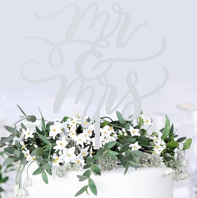 Mr and Mrs Cake Topper - Glitter Silver Acrylic Wedding Cake Decorations, Bride and Groom Cake Pick (Silver)