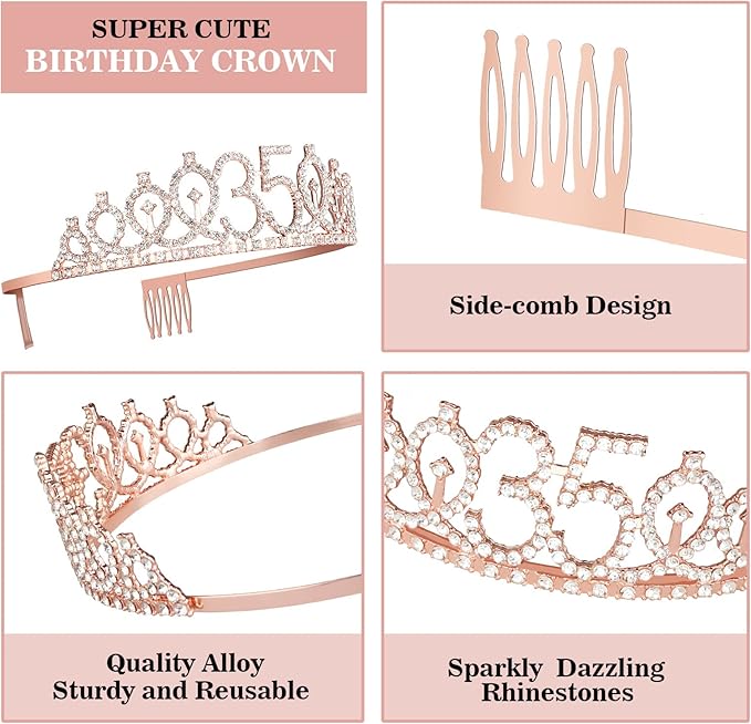 35th Birthday Decorations for Women Including Sash, Tiara/Crown, Numeral Candles and Cake Topper, Rose Gold 35th Birthday Gifts for Women, Rose Gold Party Decor Supplies