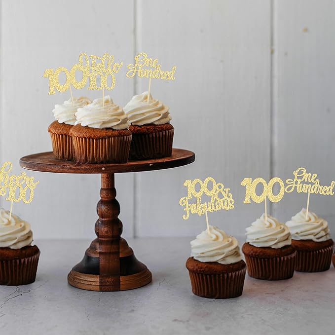 30pcs Happy 100th Birthday Cupcake Toppers - Gold Glitter One Hundred Cheers to 100 Years Old Cupcake Picks for Anniversary Party Cake Decorations