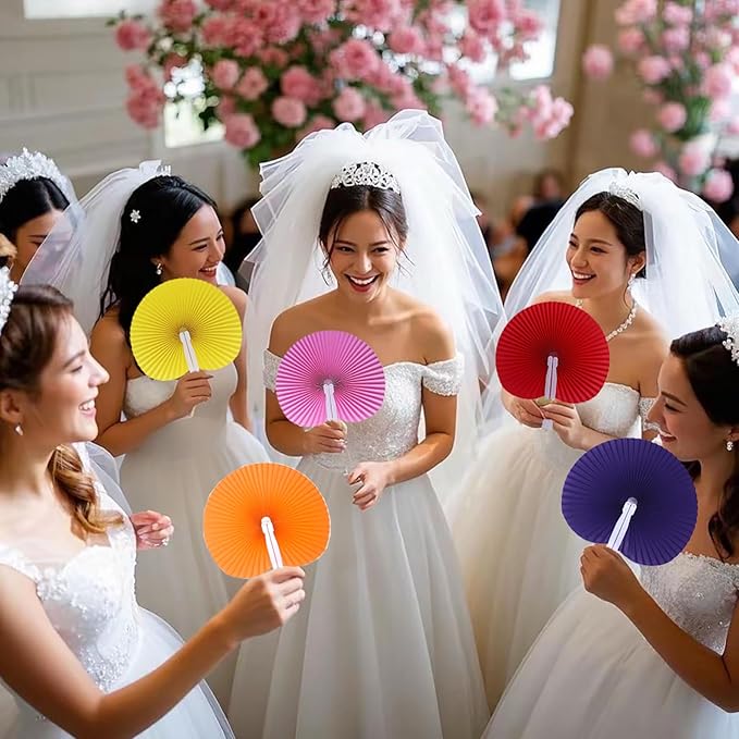 12 Packs Decorative Paper Folding Hand Fans Handheld,Silver Round Foldable Wedding Fans Chinese and Japanese Fans Bulk for Bridal Guest Church Party Favors Dancing Birthday DIY