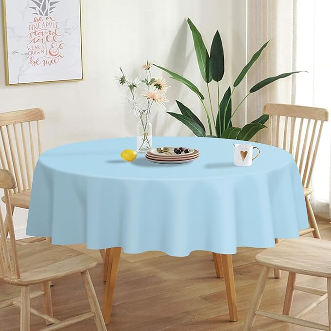 QIKSION Light Blue Round Tablecloth 3 Pack, 84 Inch Plastic Table Cover Disposable for Parties