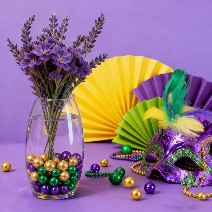 150Pcs Gold&Green&Dark Purple Polished Mardi Gras Beads for Vase Filling Decorations, Plastic Pearls Vase Fillers, Table Scatters, Mardi Gras Party, Home Decor, 8/14/20 mm