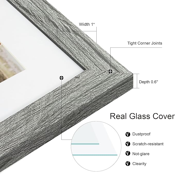 10x10 Picture Frame Set of 2, Real Glass and Grey Collage Frame, Display Pictures Four Opening 4x4 With Mat or 10 x 10 Without Mat for Wall Hanging or Tabletop