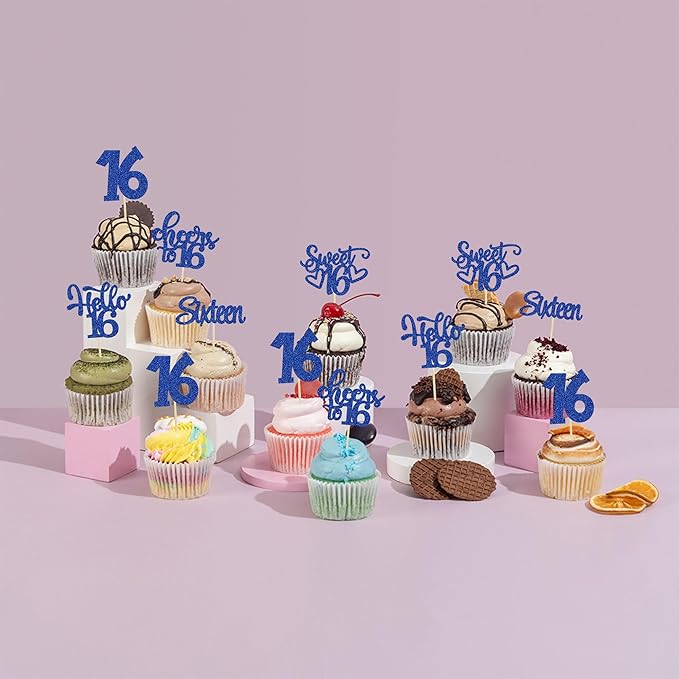 30pcs 16th Birthday Cupcake Toppers - Sixteen Happy 16th Cupcake Picks - Cheers to Sweet 16 Cake Decorations - Deep Blue Glitter