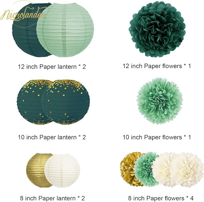 NICROLANDEE Wedding Decorations, 12PCS Hanging Paper Lanterns Tissue Pom Poms Emerald Green Backdrop Decor for Bridal Shower Birthday Baby Shower Green Theme Party Supplies