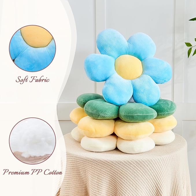 Blue Flower Pillow, 19.6" Cute Flower Shaped Floor Pillow, Aesthetic Floral Plush Daisy Decorative Throw Pillows for Bed Sofa Couch
