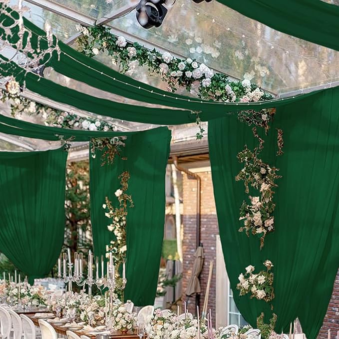 FUHSY Ceiling Drapes Emerald Green Wedding Arch Draping Fabric Chiffon Curtain Drapes 4 Panels 5x20FT Sheer Fabric for Draping Wedding Archway Tent Ceiling Drapes for Bed Canopy Ceiling Backdrop Decor