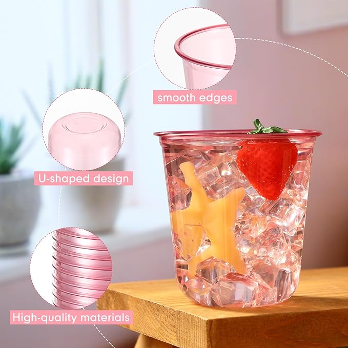 200 Pcs Disposable Stemless Glasses 12oz Crystal Plastic Wine Glasses Clear Classic Pet Cup for Meeting Weddings Birthdays Cocktail Christmas Party Supplies (Pink)
