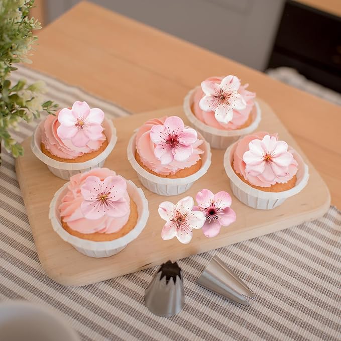 70PCS Edible Cherry Blossoms Cupcake Toppers Pink Edible Cherry Flowers Cake Decorations Wafer Paper Flowers Cupcake Topper for Flowers Theme Baby Shower Birthday Party Decor Supplies