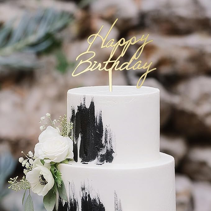 6-Pack Acrylic Birthday Cake Toppers, Minimalist Gold Happy Birthday Sign for Cake Decorations