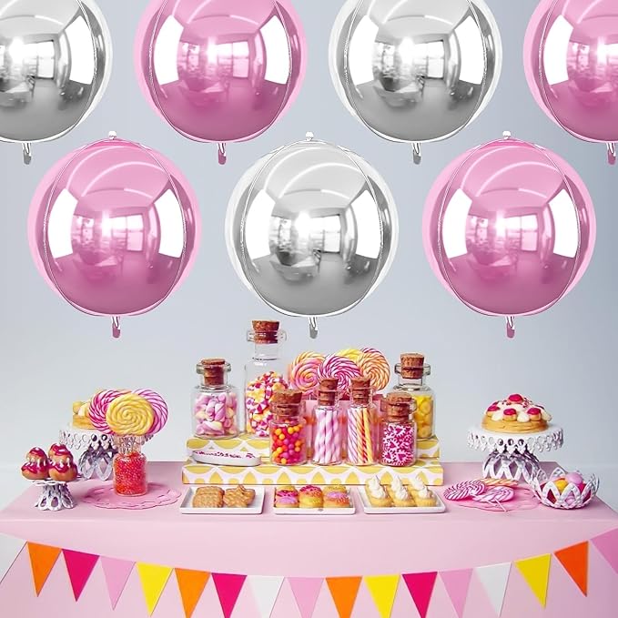 6Pcs Pink Silver Round Foil Balloons, 22inch 4D Metallic Silver Pink Balloons, Large Round Foil Ball Balloon for Girls Women Birthday Anniversary Baby Shower Wedding Party Backdrop Decorations