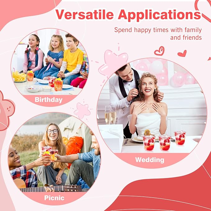 DI QIU REN 100PCS 12 OZ Pink Plastic Cups Pink Cups Disposable Wine Glasses Round Bottom Plastic Cup Martini Party Cup for Birthday Wedding Meeting Valentines Baby Showers Picnic Festive Celebrations