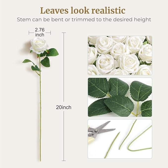 Auihiay 54PCS White Roses Artificial Flower, Fake Silk Roses, Artificial Roses Bulk for Wedding Decorations Table Centerpieces, Mother's Day Valentine's Day Home Decor