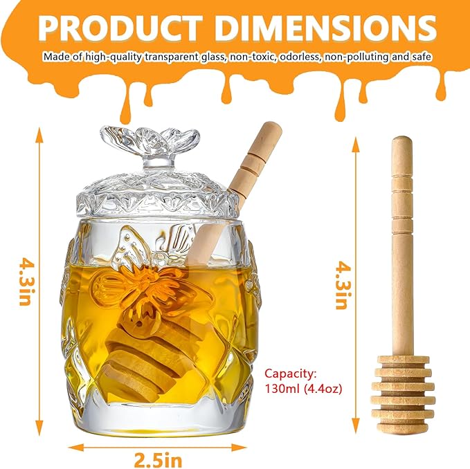 kanpura Clear Crystal Honey Jar with Dipper and Lid, Honey Bee Pot, 4.5oz Glass Honey Pot for Home Kitchen