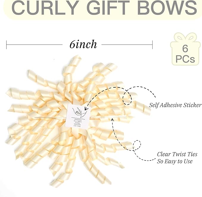 6 Inch Ivory Curly Bows for Gift Wrapping Set of 6, Self Adhesive Bows Ivory Gift Bows for Presents, Satin Ribbon Bows for Birthday, Wedding, Christmas, Bridal Shower, Gift Wrap Accessory