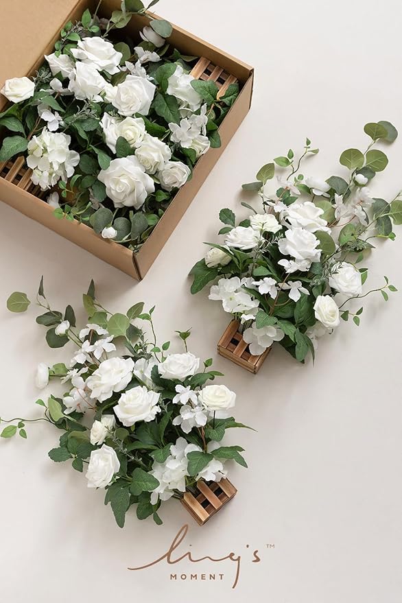 Ling's moment 17.5" Tall Standing Artificial Flowers Arrangements 4 pcs Wedding Aisle Runner Chair Decorations White Sage Centerpieces for Ceremony Reception Rose Floral Party Outdoor Decor