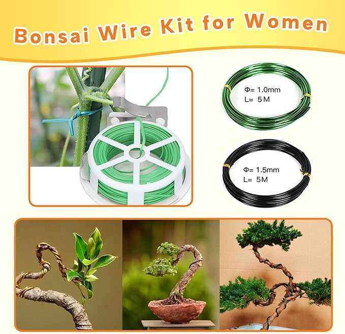 Bonsai Tools Set for Beginners, Bonsai Tree Kit with Training Wire, Scissors, Pruning Shears, Repotting Kit, Indoor Plant Tools Starter Kit (Green)