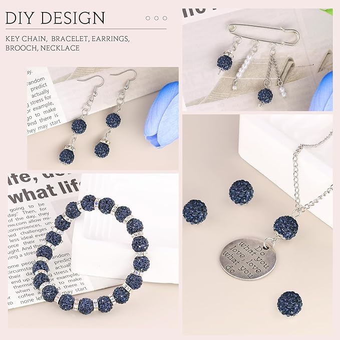 150pcs 10mm Rhinestone Beads for Jewelry Making, Blue Black Shiny Round Shamballa Disco Ball Beads Bulk, Sparkle Crystal Clay Christmas for Bracelet Baseball Necklace Earring Crafting and DIY