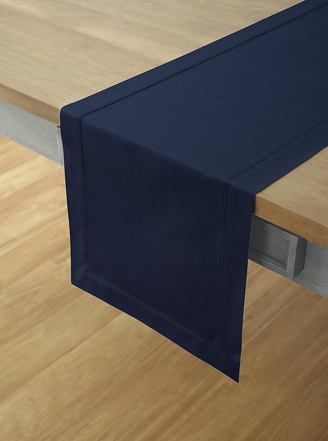 Solino Home Navy Blue Table Runner 120 Inches Long - Cotton Linen Hemstitch 14 x 120 Inch Table Runner for Dining, Fall, Autumn, Thanksgiving, Holiday