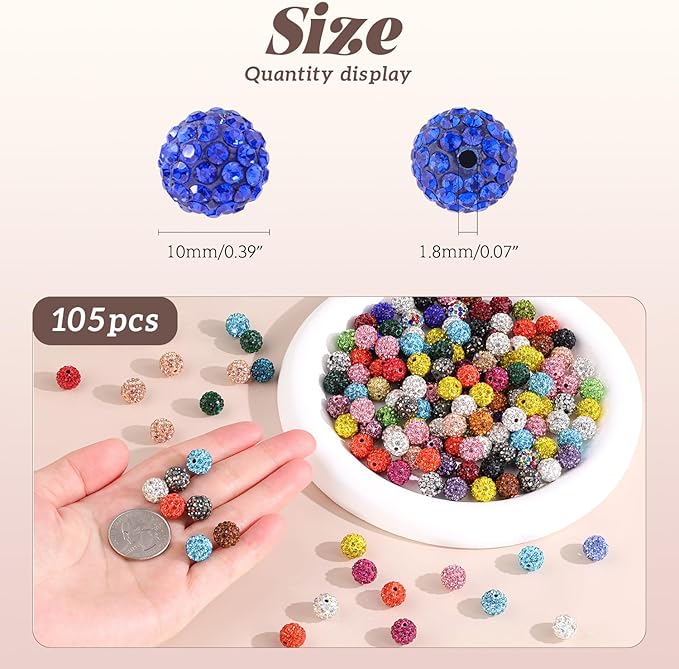 105pcs 10mm Rhinestone Beads for Jewelry Making, Light Peach AB Shiny Round Disco Beads Bulk, Sparkle Crystal Clay Christmas for Bracelet Baseball Necklace Earring Crafting and DIY