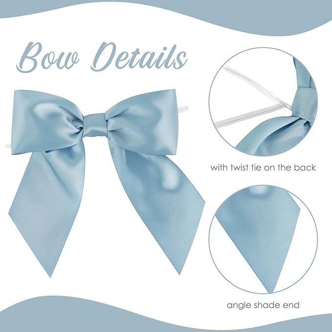AIMUDI Dusty Blue Satin Bows 5.5" Bows for Gift Wrapping Satin Twist Tie Bows Premade Ribbon Bows for Treat Bags Invitations Baskets Wreaths Crafts Wedding Birthday Baby Shower Decorations, 24 PCs
