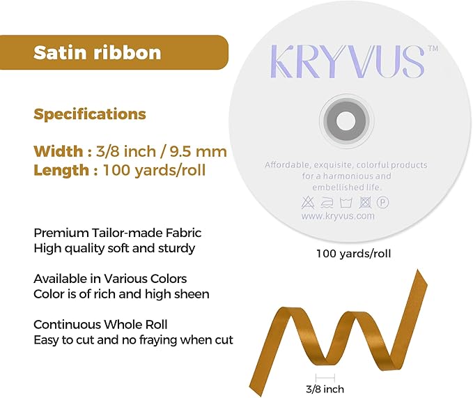 Gold Satin Ribbon 3/8 inch X Continuous 100 Yards, Single Face Polyester Ribbon Perfect for Gift Wrapping, Flower Bouquet, Wedding Decor, Crafts, Bow Making, Sewing and More