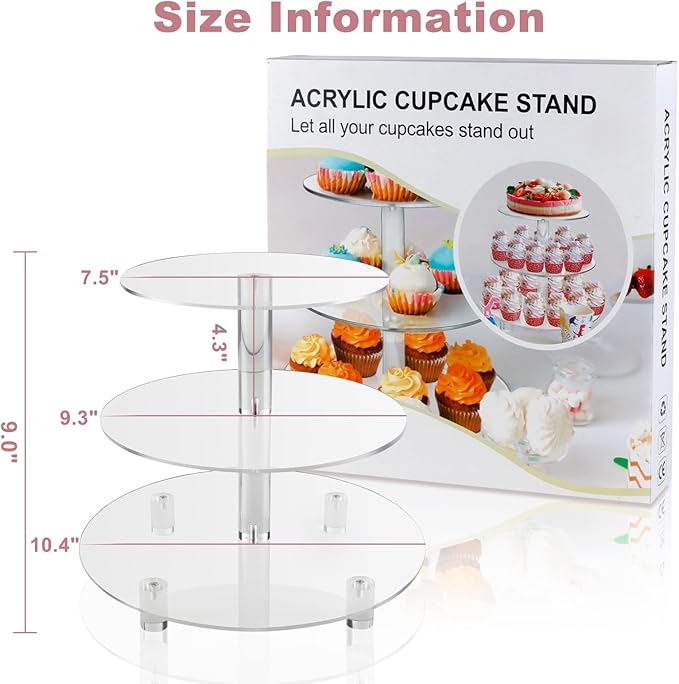 3 Tiers Round Cupcake Stand, Acrylic Cake Tower Stand Holder Macaron Display Rack Cookie Candy Buffet Desserts Platter with Base for Baby Shower, Birthday Party, Wedding, Party (3-Tiers with Base)