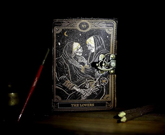 cuero C Book of Spells Leather Journal Deckle Edge Paper Grimoire Printed Journal The Lovers Tarot Notebook Spiral Gothic Notebook Skull lover Antique Vintage Leather Journals for Men and Womens
